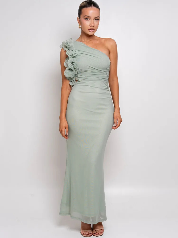 Articat Elegant Sleeveless Slant Shoulder Flower Dress Women SpringSummer Sexy Mesh Wrap Hip Party Evening 250520