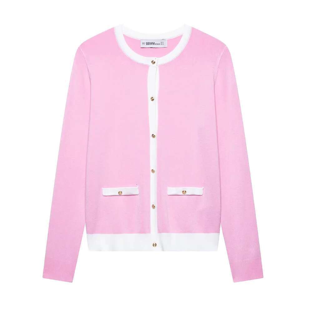 Office Lady Baby Blue Pink Two Color Round Neck Long Sleeves Single Breasted Women Slim Knit Cardigan Sweater ZATT 2025 Spring