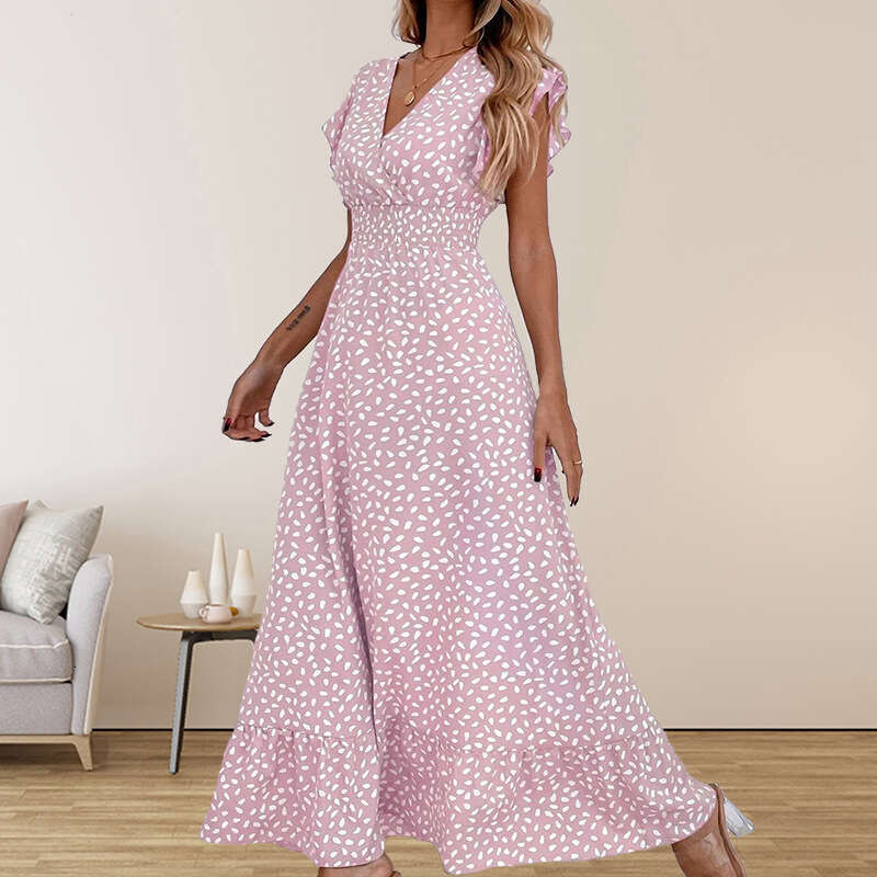 Sexy Vestidos De Noche Beach Dress Floral Dress Bodycon Dresses for Women Womens 2025 Spring/summer Fashion V-neck Long Dress High Waist Short Sleeve 