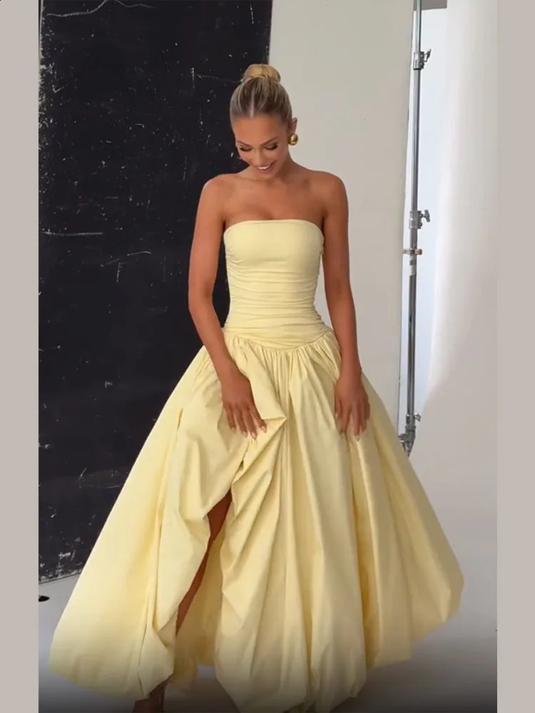 Butter Yellow Womens Party Dress Womens Fashion Strapless A-line Bubble Hem Slim Robes Summer Lady Evening Party Dresses 2025 250519
