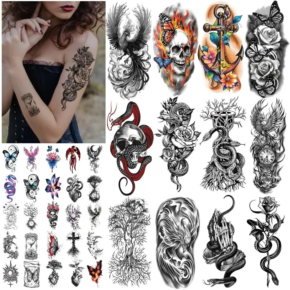 phoenix skeleton snake temporary tattoo tree of life butterfly rose feather half arm fake tattoo sticker 250515