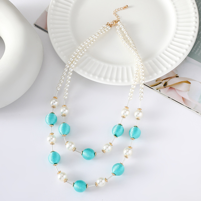 Turquoise color layered fashion necklace, women's string ball, pearl, light accessory