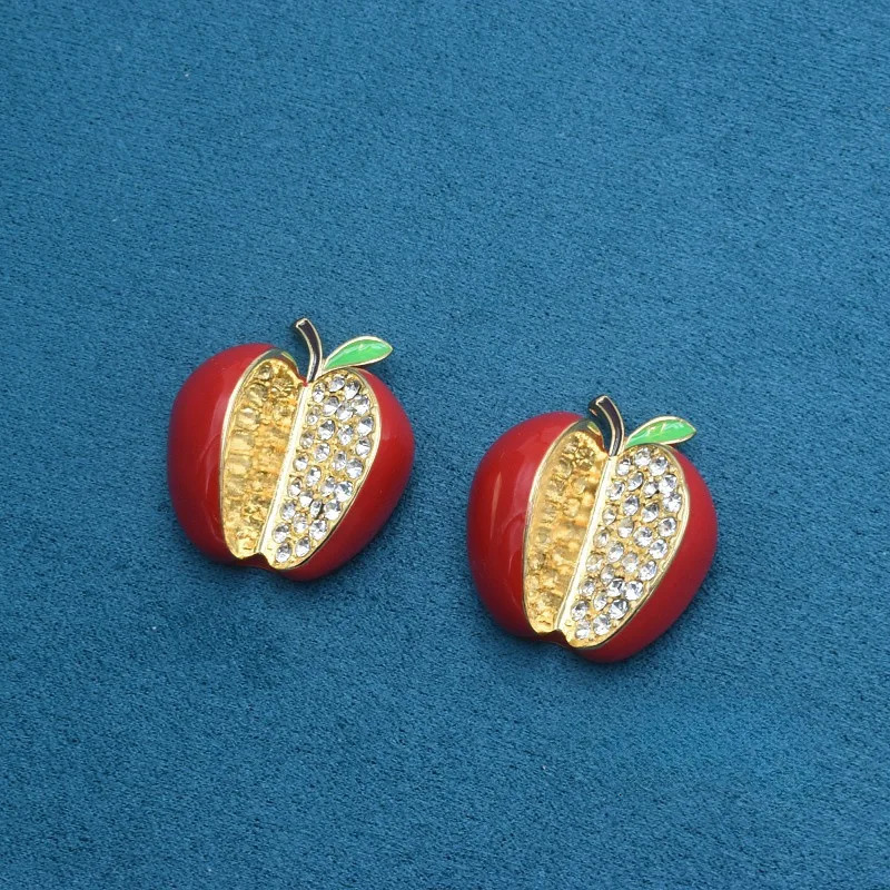 Middle Vintage French Style Retro Rhinestone Paved Red Enamel Craft Apple Stud Earrings for Women Gifts for Girls Cute Ear Rings 250517