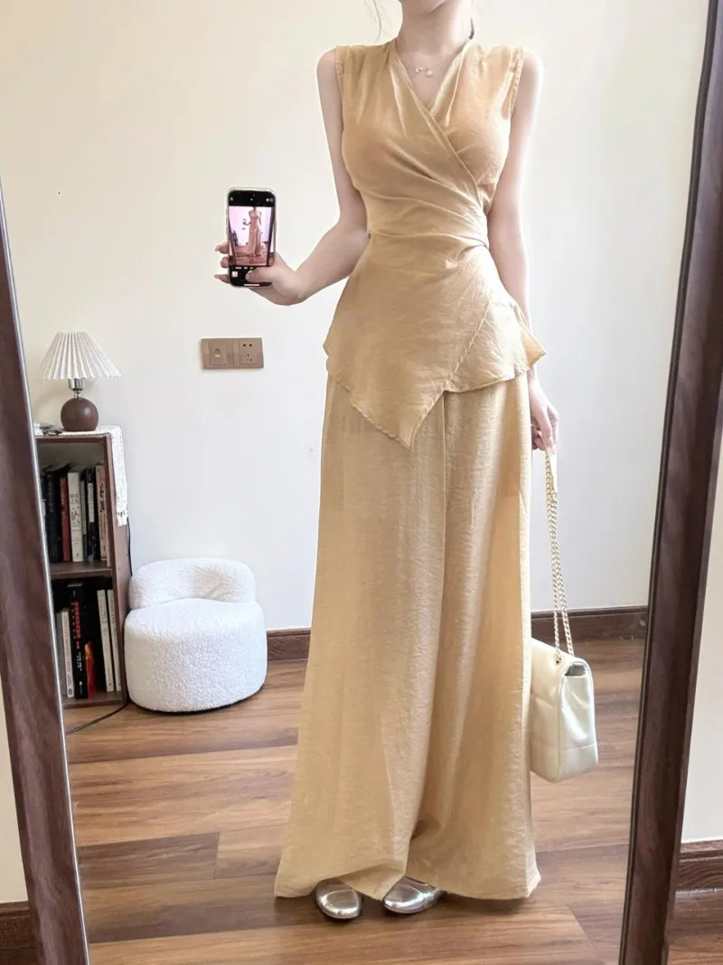 Elegant Summer Two Piece Sets Women High Quality V-neck Sleeveless Lace Up Slim Waist Blouse Top Wide Leg Pants Outfits 250516