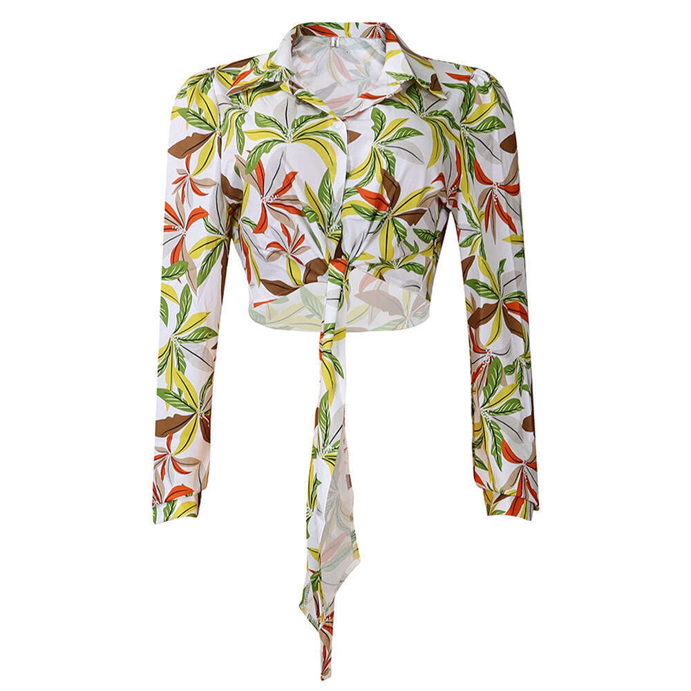 Women's Wear New Fashion Women's Printed Polo Collar Tie Up Long Sleeved Shirt