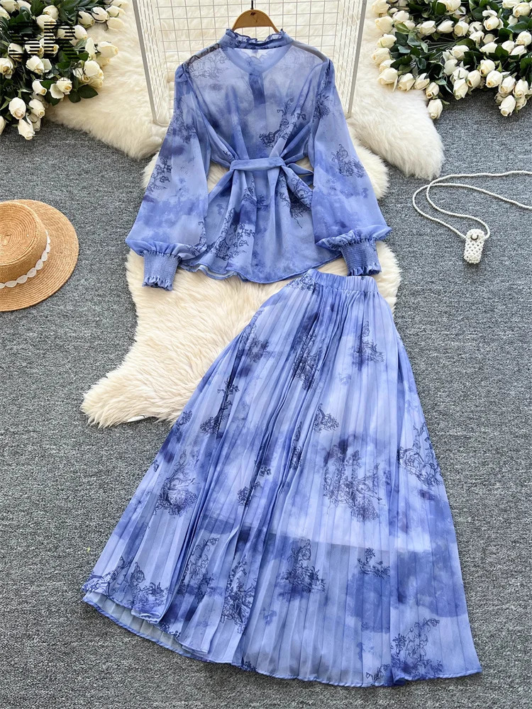 SINGREINY Senior Print Vacation 2pcs Suit Lantern Sleeves Lace Up Loose TopsPleated Skirt Temperament Beach Floral Chiffon Sets 250520