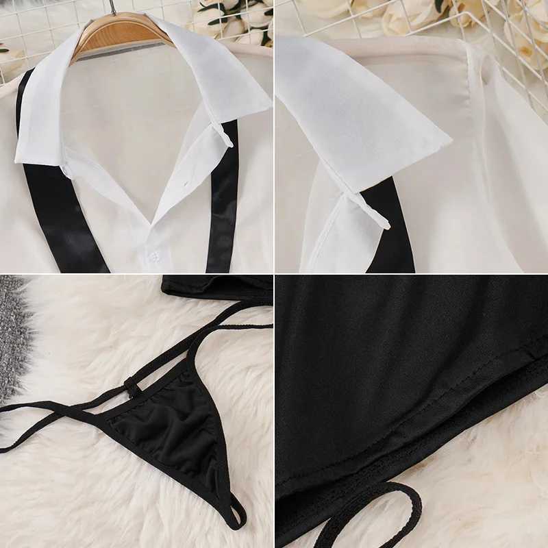 Preppy Style Sexy Uniform Sets Women Sexy Uniform Suit Sheer Top+Lace Up Mini Skirt+Thongs Hollow Cosplay Porn Suits New R250520