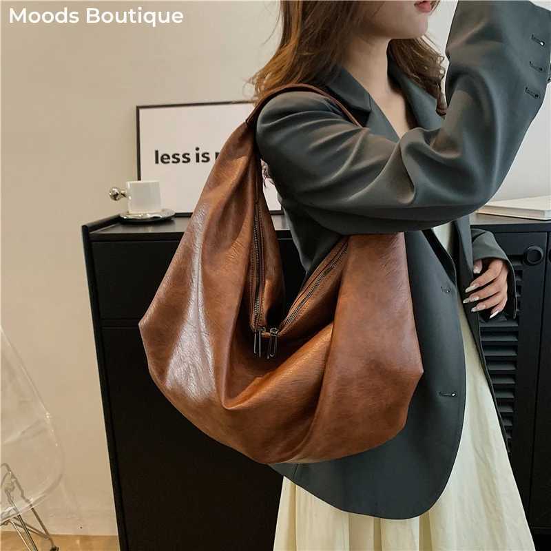 MOODS Vintage Shoulder Hobo Bags For Women Soft PU Leather Pure Color Large Capacity Shopping Totes Latest Fashion Handbags M250520