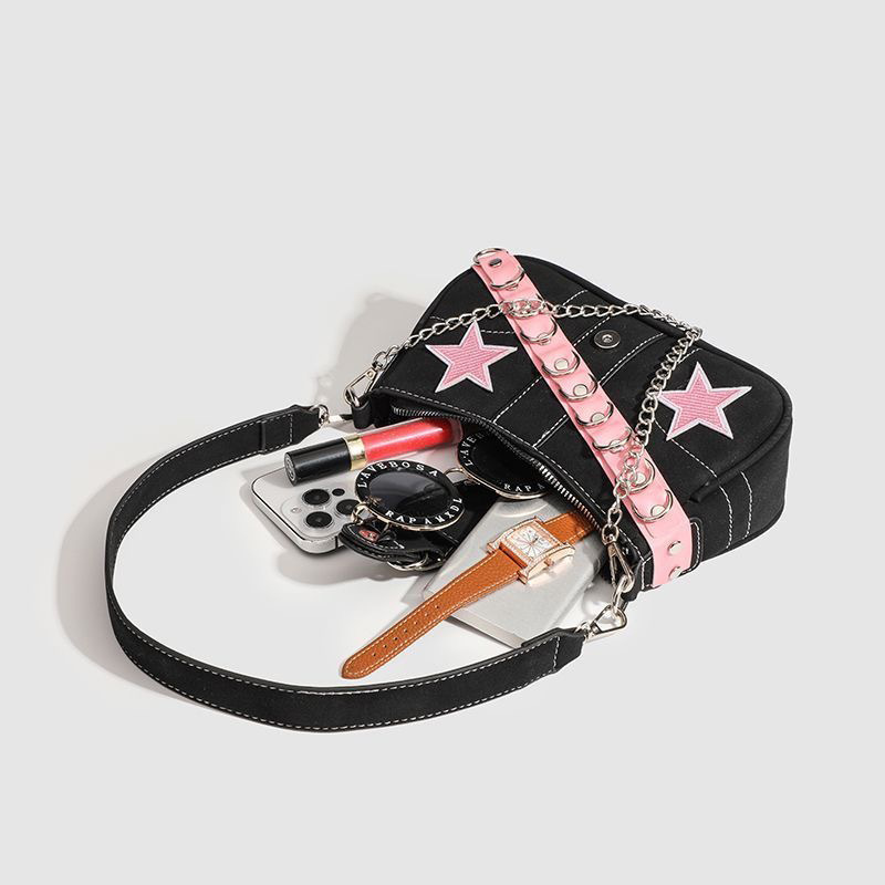 2025 new y2k millennium style shoulder niche chain design sweet cool spicy girl pink belt star women's bag