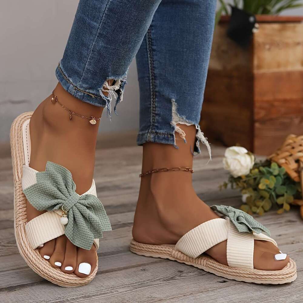 Breathable Linen Slides - Open-Toe Lightweight Comfort, Stylish Slip-On Shoes for & Relaxation, Vintage Round Toe Flat with Decorative Bow, Indoor Out