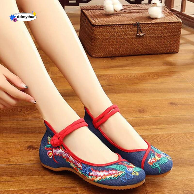 Phoenix Flower Embroidered Women Canvas Ballet Flats Ankle Strap Ladies Casual Cotton Chinese Embroidery Ballerina Shoes ddmythur