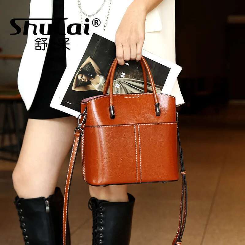Genuine Leather Fashion Bucket Bag Casual Simple Ladies Handbag Single Shoulder Crossbody Tide bags for women