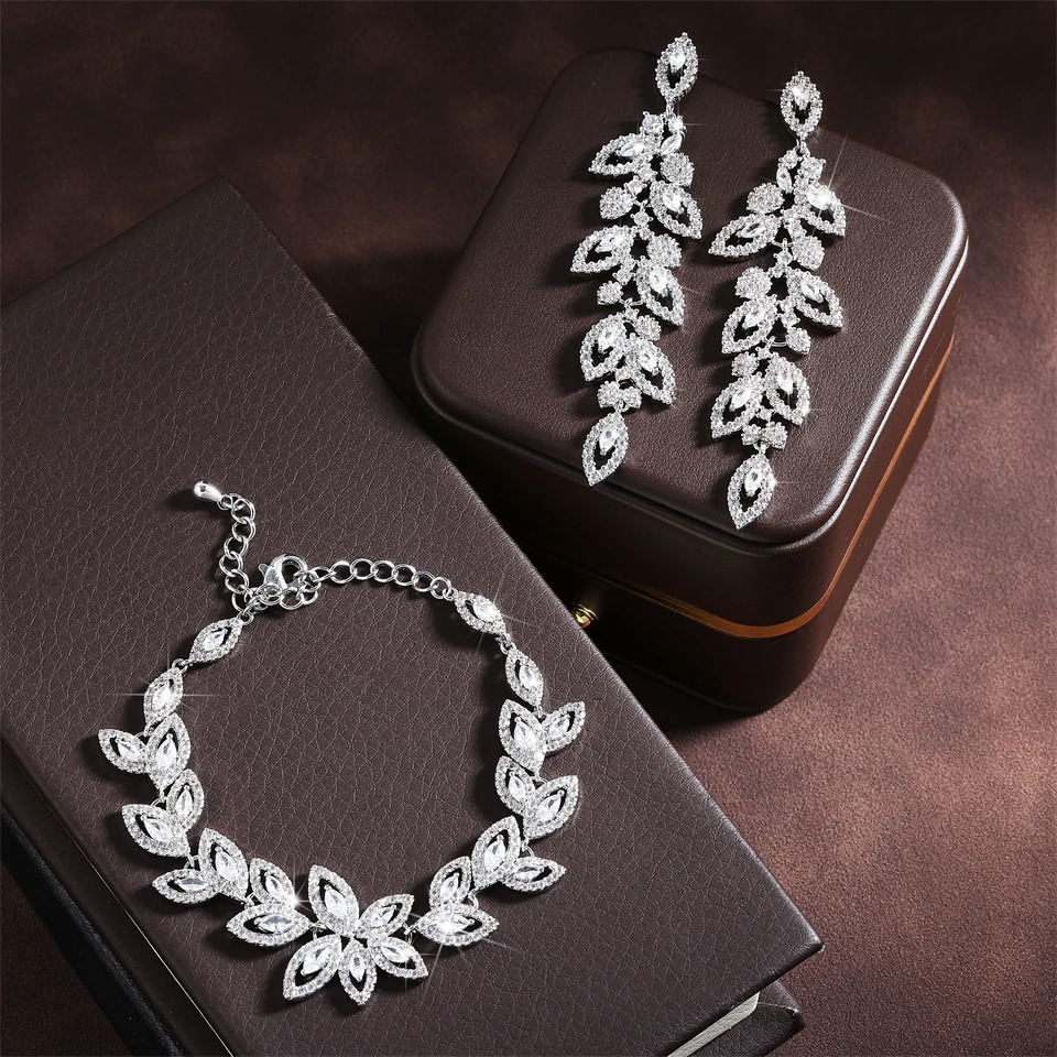 ZAKOL Shiny Buling Micropaved Zirconia Leaf Long Earrings Chain Bracelet Charm Wedding Jewelry Set For Women 250520