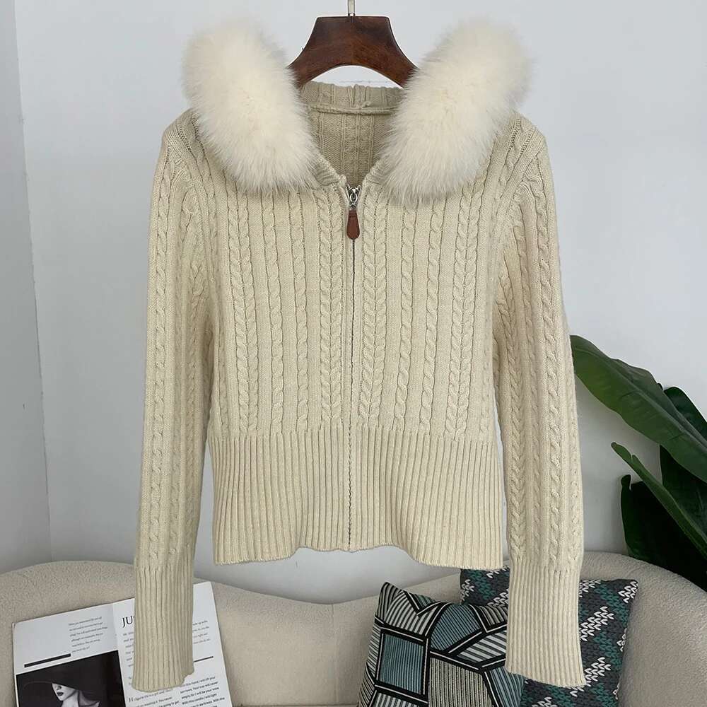 Knitwear Patchwork Real Fur Women Spring Sweet Furry Trim Hooded Knitted Cropped Cardigans Slim Zipper Sweaters Autumn Lady