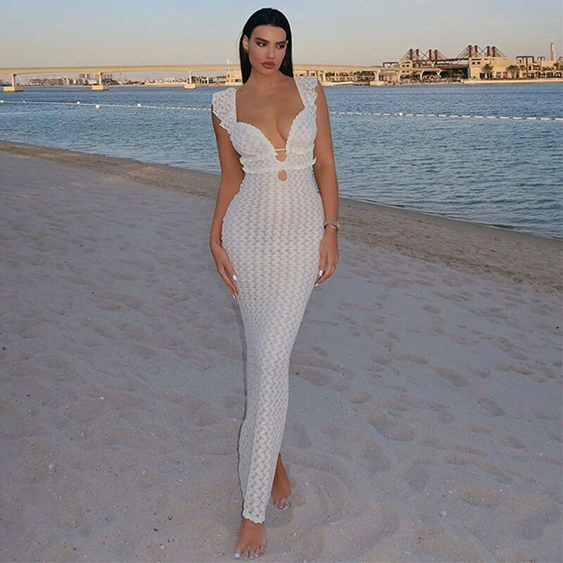 Halter Dress Women S Sexy V Neck Knitted Pure Desire Vacation Beach Slimming Backless French Style Dress Maxi Dress