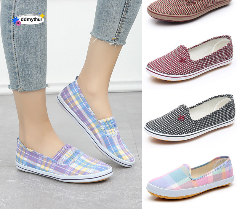 Lutai Mom's Soft Lightweight Cow Rib Sole Plaid Cloth Summer Middle and Old Age One Step Work Casual Women's Shoes ddmythur ddmythur