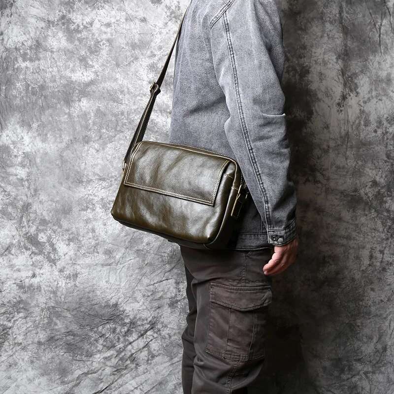 NZPJ Leather Shoulder Natural Cowhide Crossbody Fashion Men's Retro Postman Large Capacity Messenger Bag