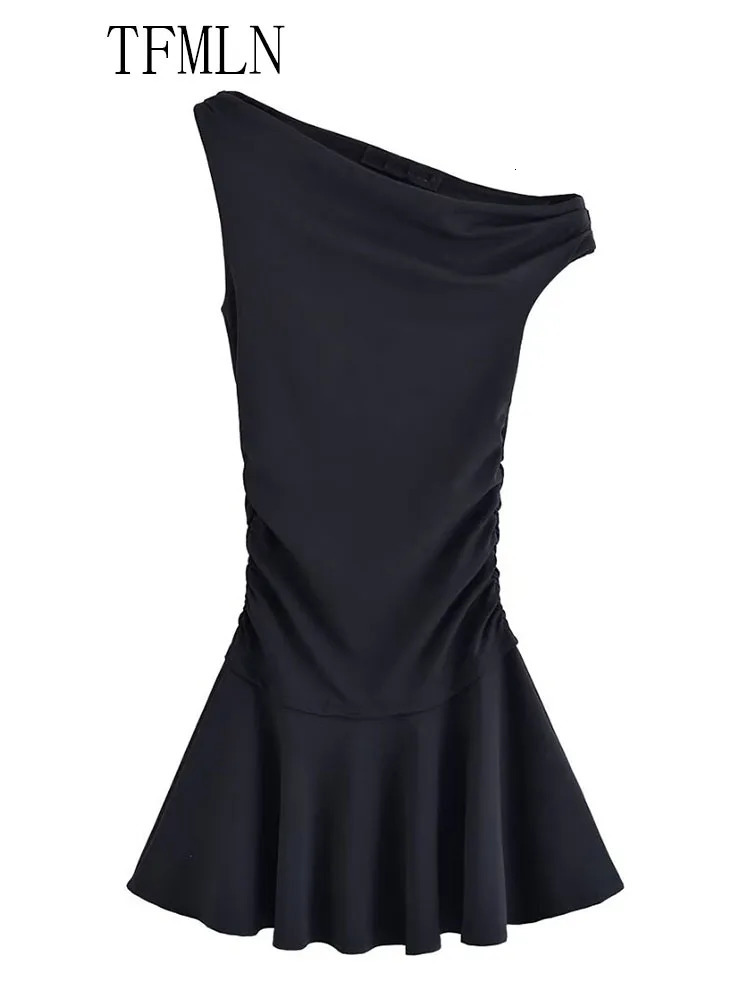 TFMLN Women Solid Asymmetrical Mini Dress Summer Sleeveless Diagonal Collar Causal Slim Fashion High Street 250520