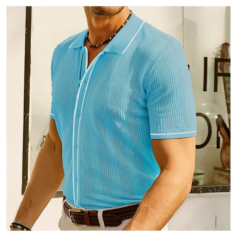 Summer Ice Silk Men Hollow Polo Shirt Breathable Soft Knit Top Mens Shortsleeved Tee Fashion Color Contrast 250520