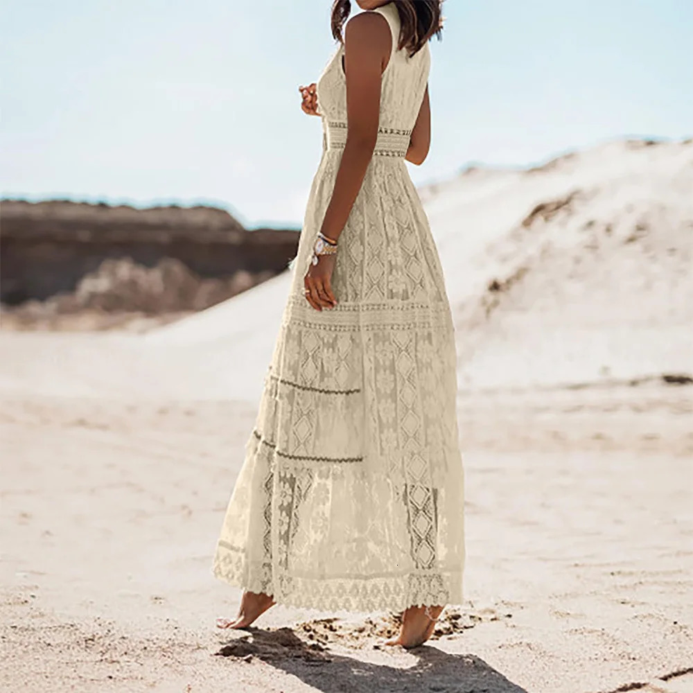Womens Boho Lace VNeck Fringe Sleeveless Tank Vest Maxi Long Dress Summer Ladies Casual Holiday Beach Vacation Sundress SXL 250520