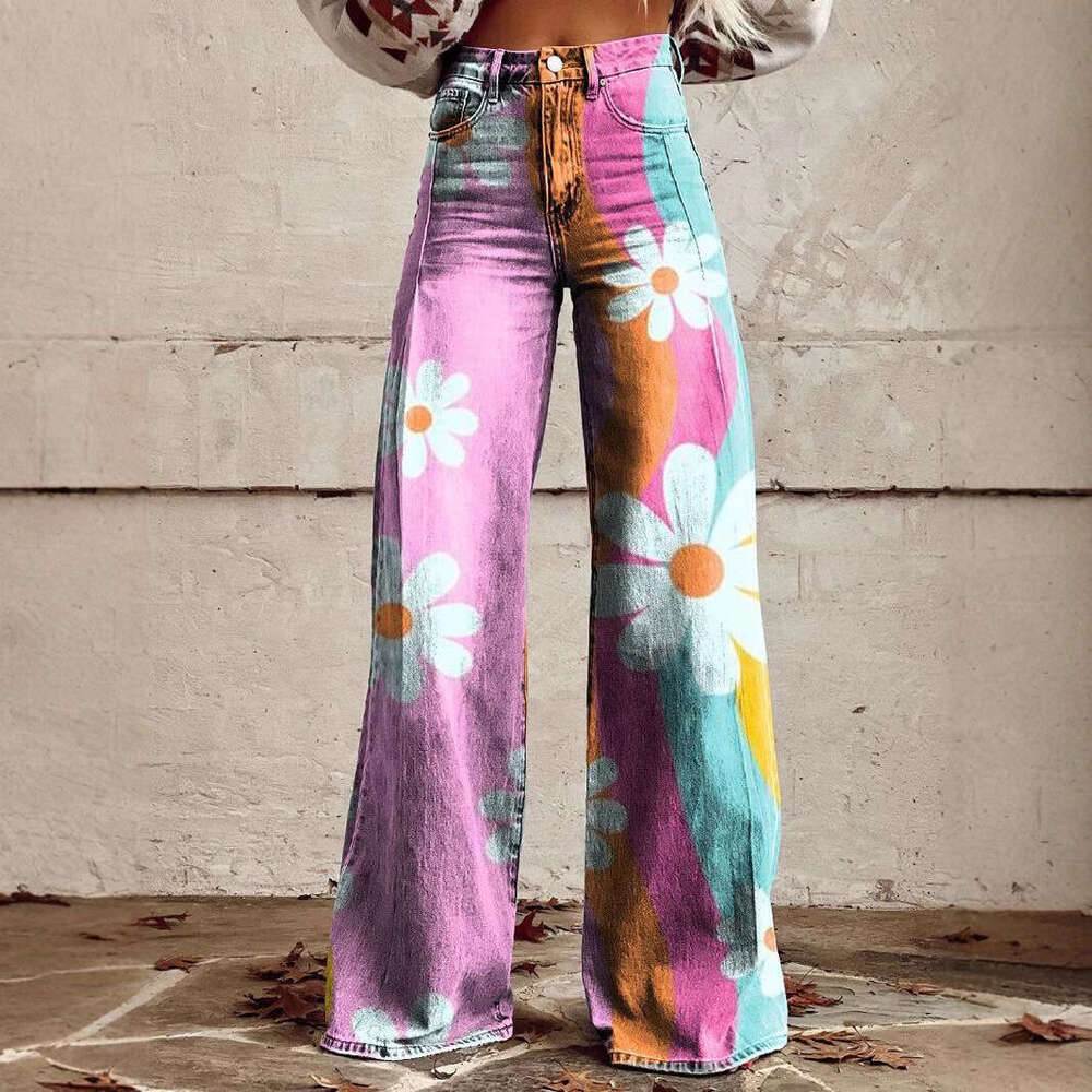 Women's Casual High-Waisted Wide-Leg Jeans - Printed Stretch Design for All-Day Comfort