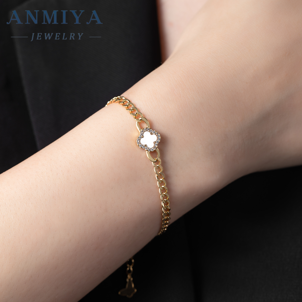 Customized 18k Gold Plated 925 Silver Four Leaf Clover Fashion Jewelry Bracelet Women Gift