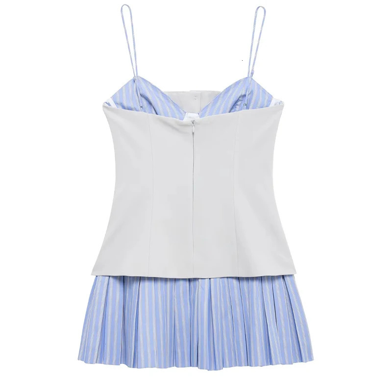TRAF Patchwork Stripe Womens Dress Sleeveless Slip Mini Woman Summer Pleated Short Dresses Backless Party 250520