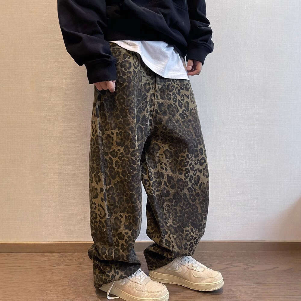 American style design, niche workwear, leopard print, loose casual, versatile denim pants, men's INS
