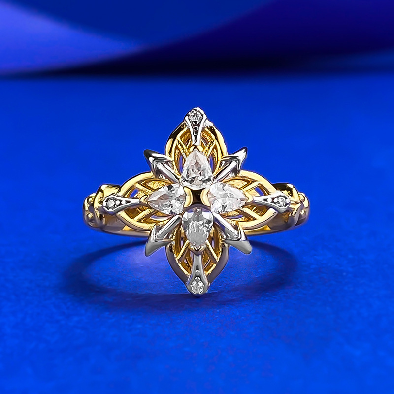 Vintage-Inspired S925 Sterling Silver Four-Leaf Clover Ring with Diamond Detailing - Elegant Two-Tone Design