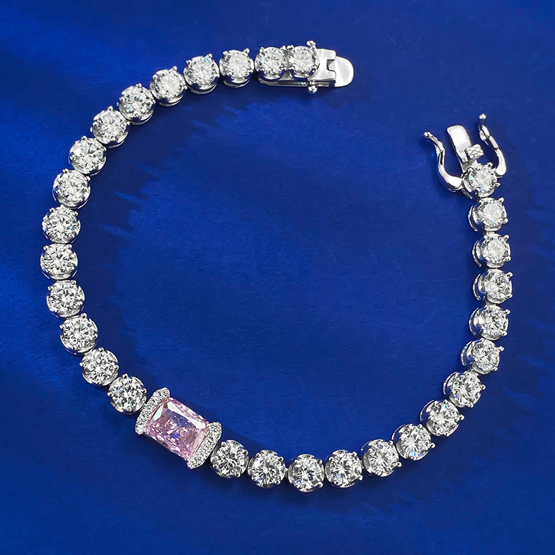New S925 Silver Ice Flower Cut 6x8 Pink Diamond Inlaid Cluster Diamond Bracelet, Elegant Luxury Design