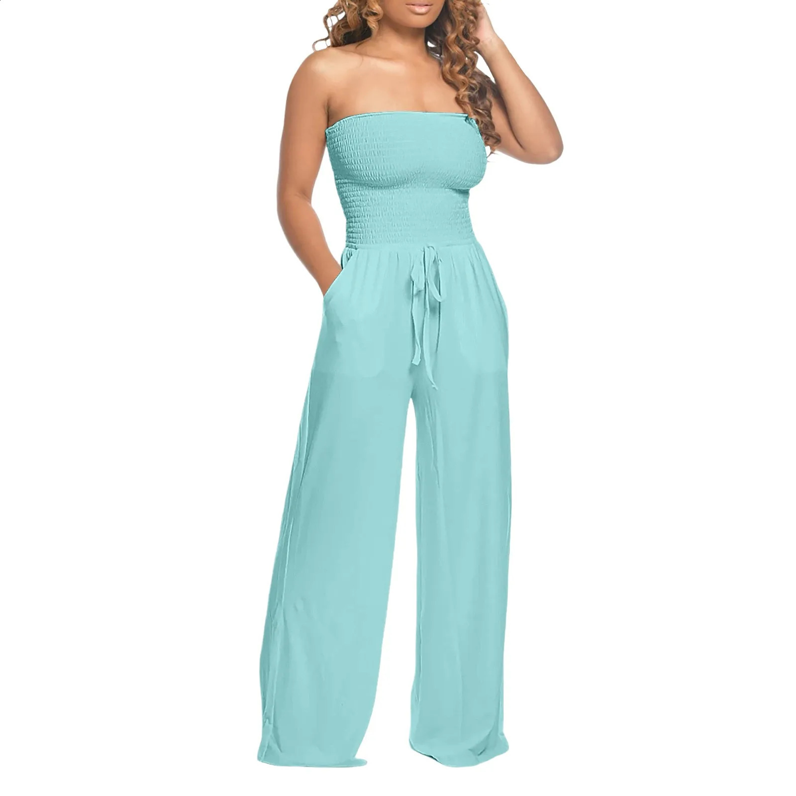 Sexy Strapless Straight Jumpsuits Womens Ruched Lace Up Wide Leg Overall Streetwear Solid Color Long Casual Romper 250519