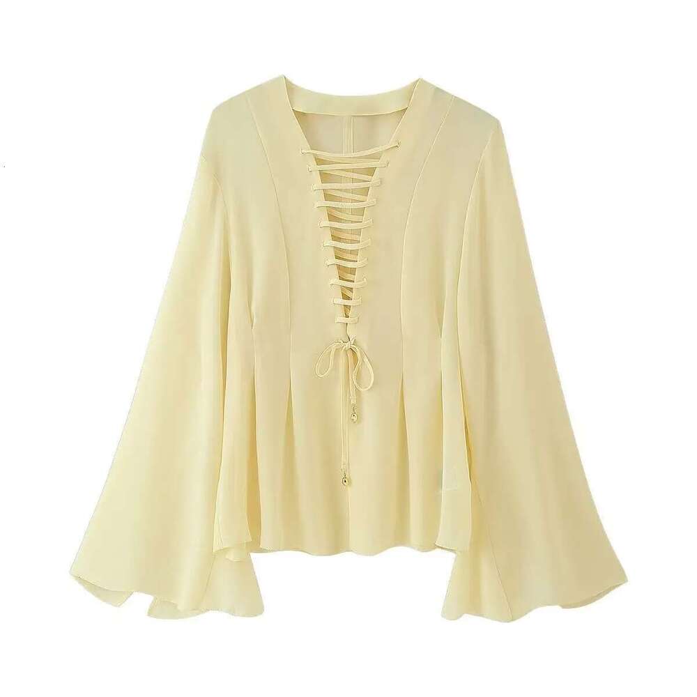 ZBZA Women's Loose Lace-Up Shirt V-Neck Flared Sleeves Solid Color Casual Simple Irregular Top Spring Summer Female Chic Blouse