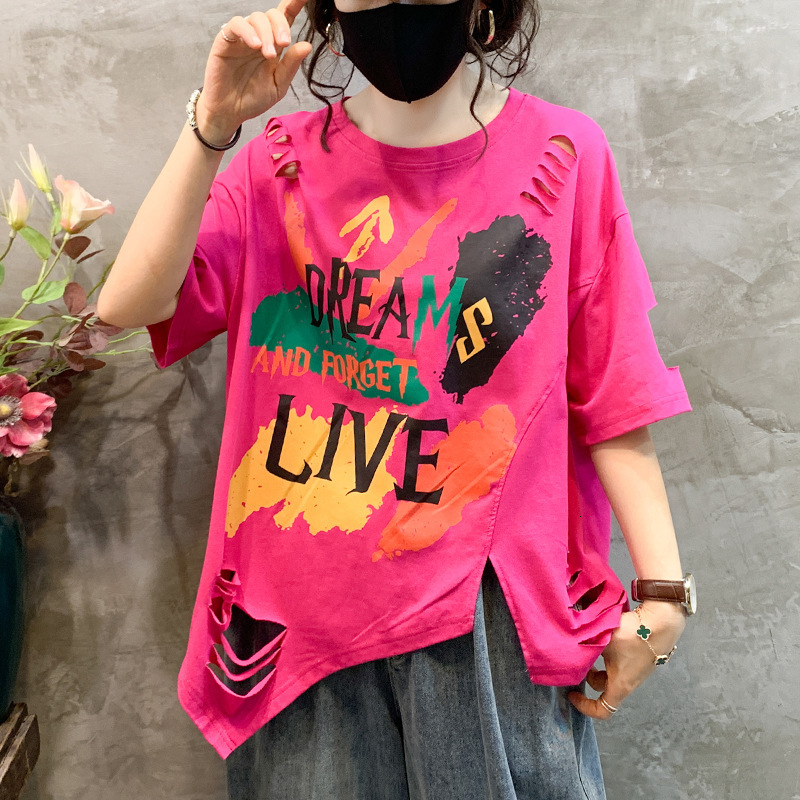 Designer Clothing Plus Size Women's Ripped Top Fashionable Loose Casual Letter Graffiti Short Sleeved T-shirt For Women 2025 New Style