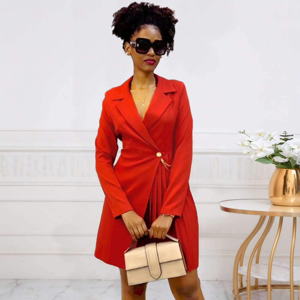 Women's Wear D3301 Autumn And Winter New Sexy Waist Cinching Pleated Suit Collar Dress