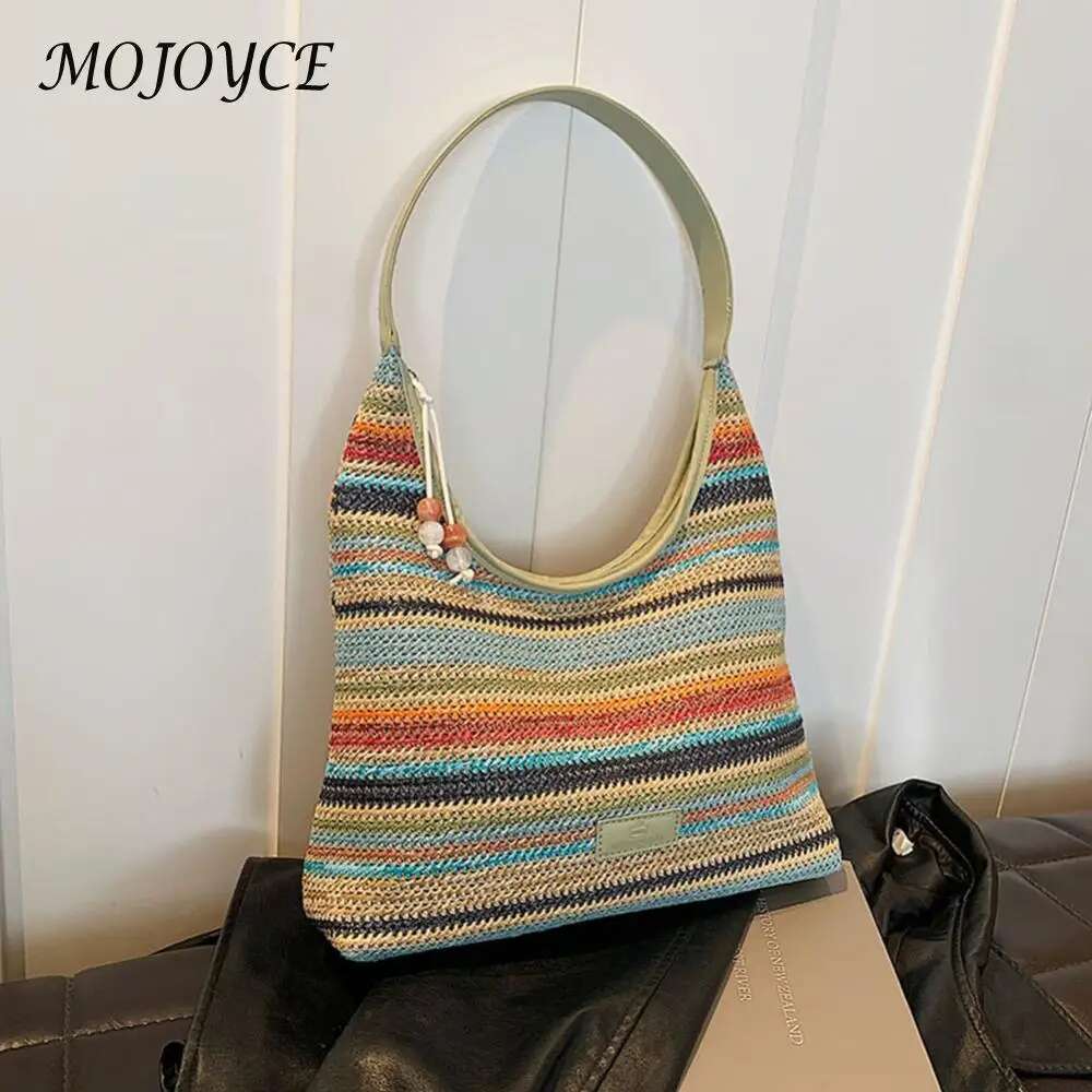 Women Straw Woven Tote Summer Beach Bags Large Capacity Weaving Shoulder Bag Ethnic Style Contrast Color For Outdoor Travel