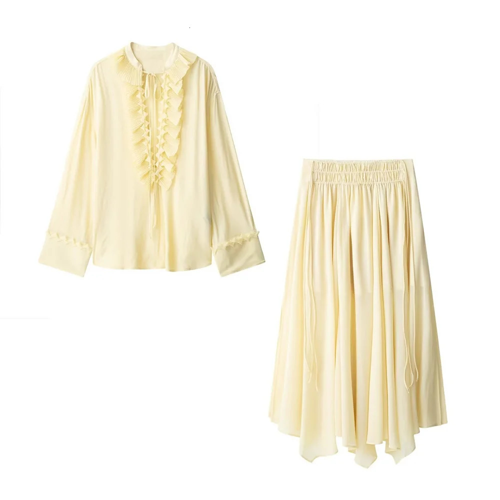 UNIZERA Womens Long Sleeve Ruffled Collar Blouse and Elastic Waist Asymmetrical Skirt Set in Cream for a Chic Look 250520