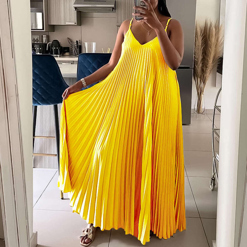 Women's Wear Women's New Summer Vacation Style Pleated V-Neck Beach Strap Long Dress