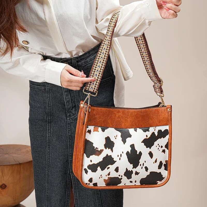 Cow Pattern Messenger Bag, Fashion Faux Leather Shoulder Crossbody Bag With Vintage Strap, Women's Versatile Handbag & Purse