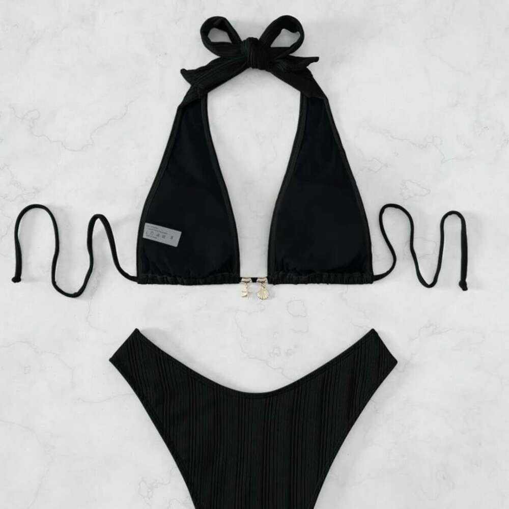 European and American Bikini Solid Color Hanging Neck Explosive Swimsuit 2025 New Casual Versatile Fashion Clothing