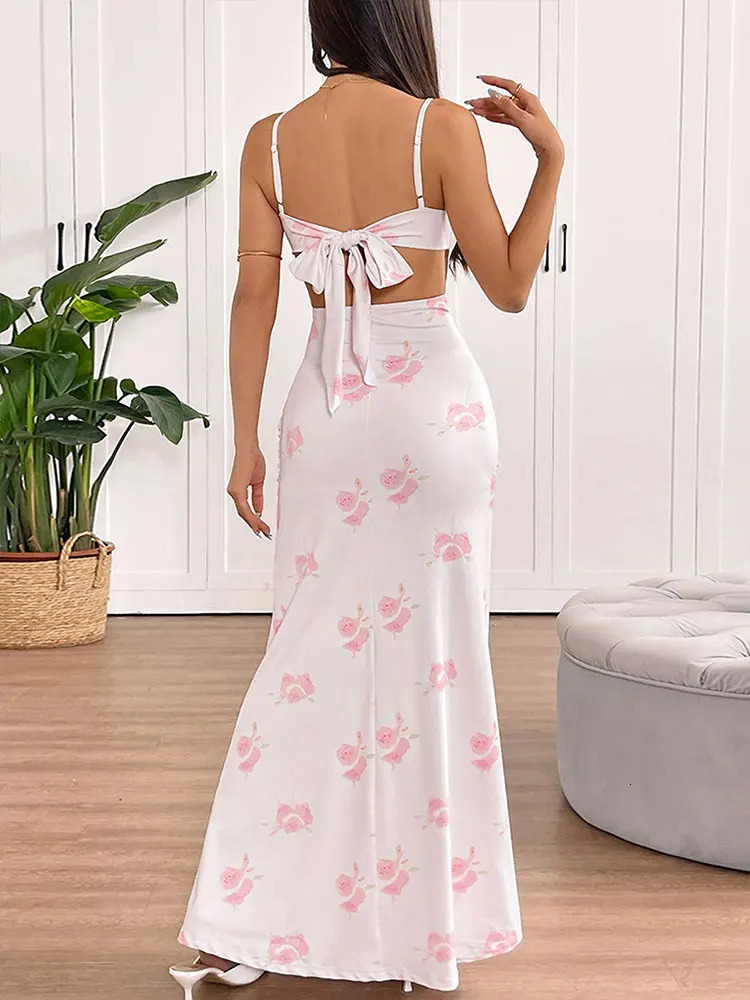 Summer Women Dresses Sexy Backless Sleeveless Sling Dress Streetwear Fashion Print Elegant Lady Casual Slim Clothing 250520