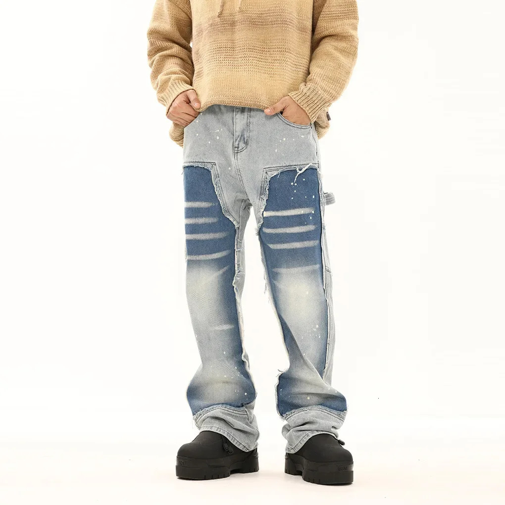 Mens Jeans Loose Fit Casual Style American Streetwear Black White Color Block Straight Leg Pants Trendy 250519