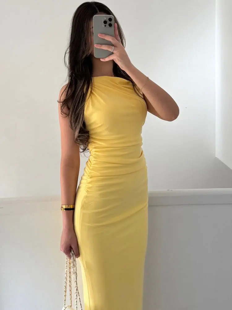 TRAFZA Elegant Yellow Dress For Women Sleeveless Draped Midi Dresses Sexy Off Shoulder Evening Y2K Summer Holiday Vestidos 250520