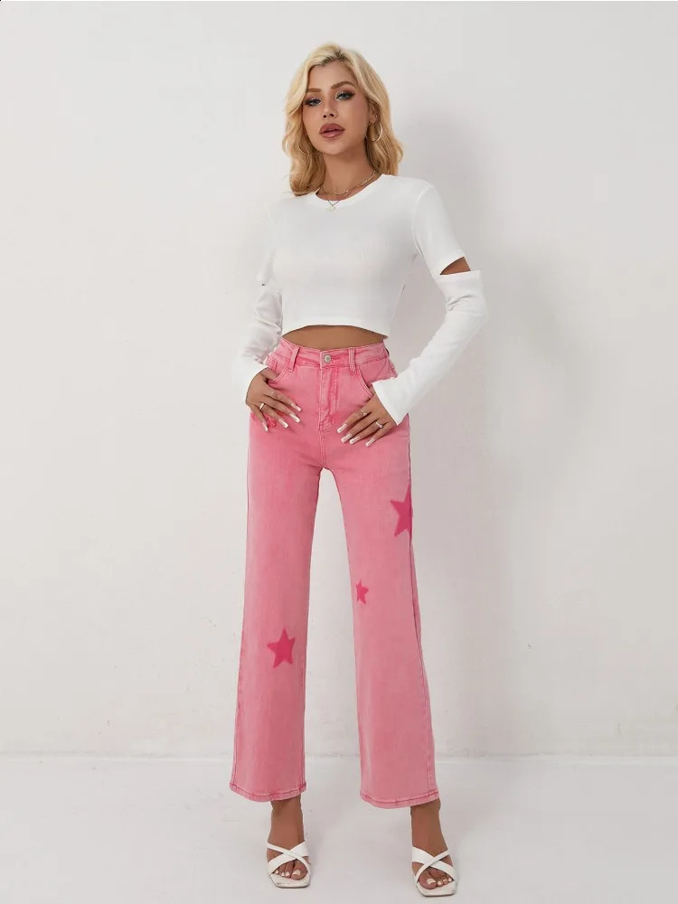 Womens Pink Jeans Star Print Flared High Waist Denim Trousers Stylish and Comfortable Outfit Option 250513Z