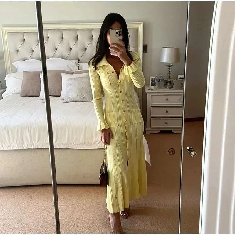 Winter Knitted Dress Women 2024 New Sleee Ruffles Single Breasted Long Dresses Female Party Fashion Sweater Vestidos Designer