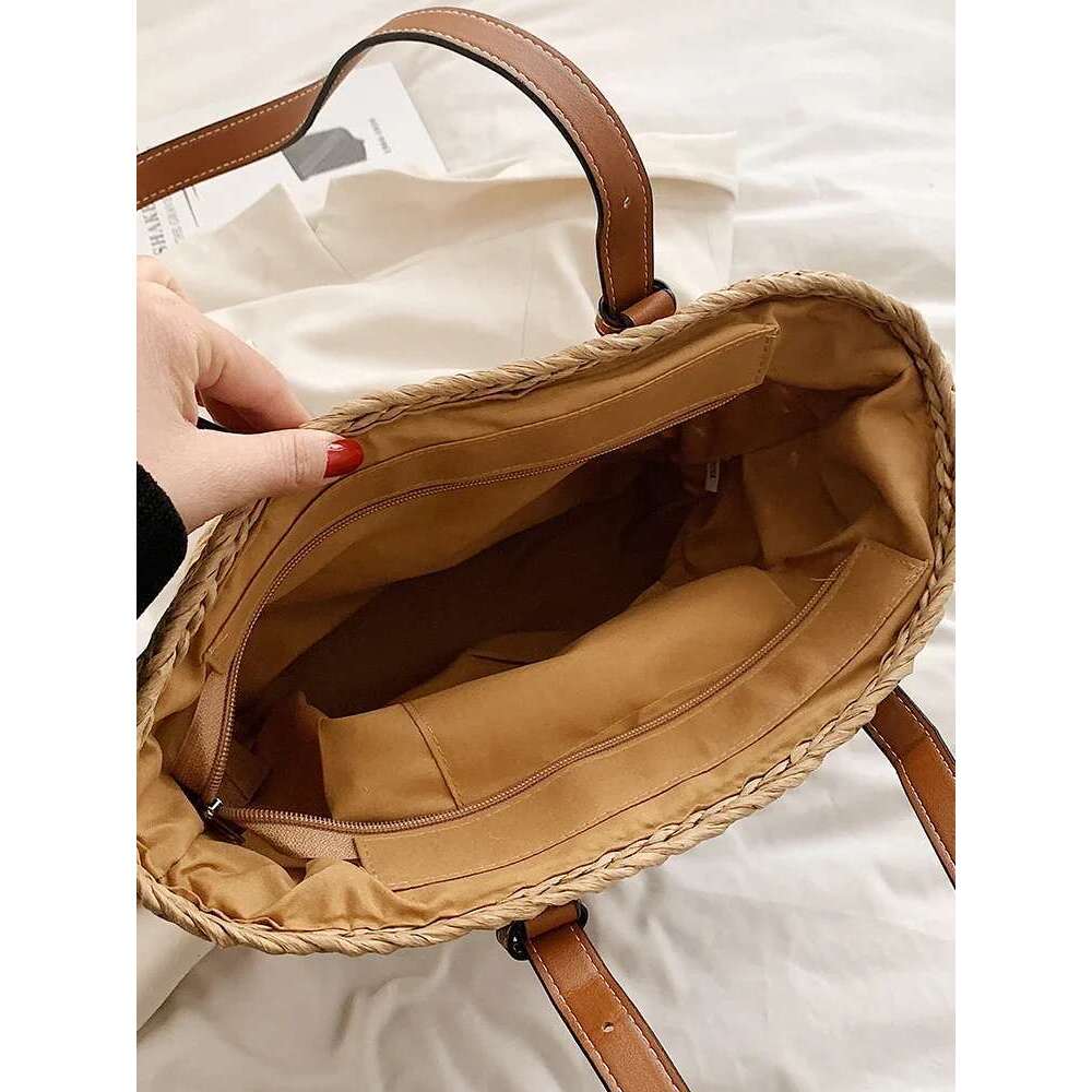 2025 Summer Handwoven Straw Beach Tote Bags For Women Vintage Hollow Out Handbag Basket Rattan Vacation Shoulder Bag
