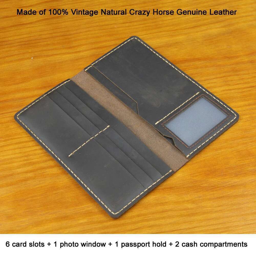 Vintage Handmade Genuine Leather for Men Long Wallet Bifold Male Clutch Purse Clip with Passport holder Money Bag