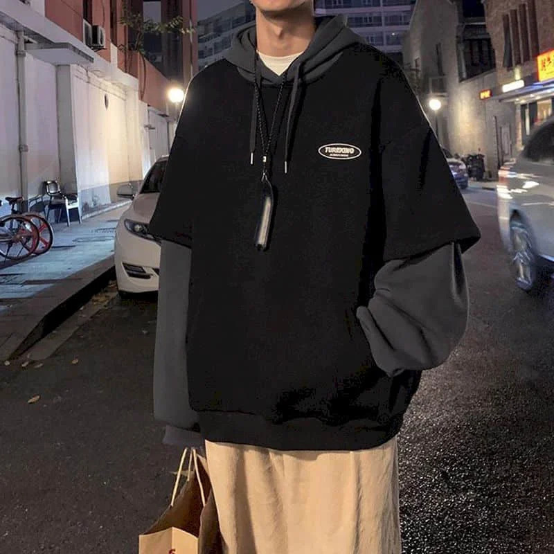 Hoodies men fake two-piece sweatshirt autumn stitching Korean loose contrast color hooded long-sleeved black white gray 250520