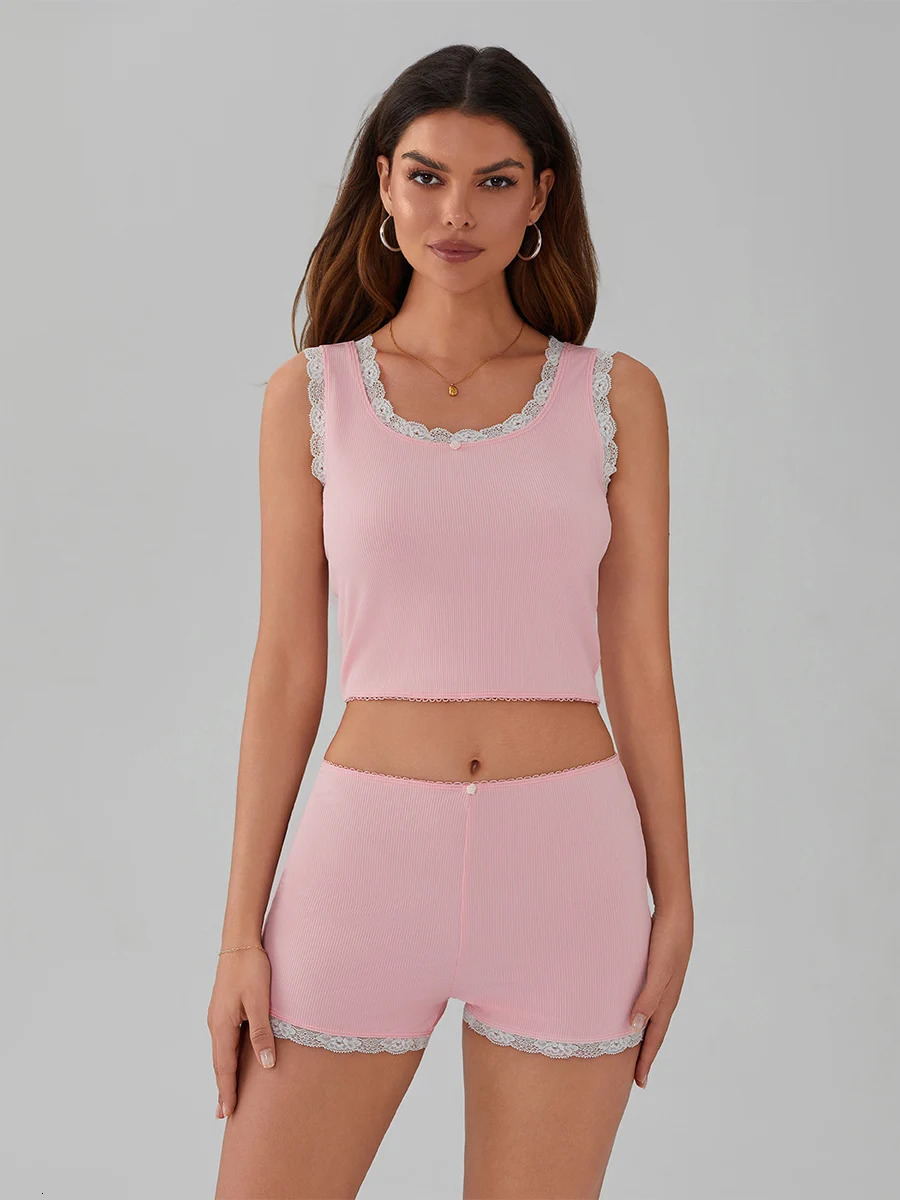 Women s 2 Piece Summer Set Lace Trim Scoop Neck Crop Tank Tops Elastic Waist Short Casual Outfits 250516
