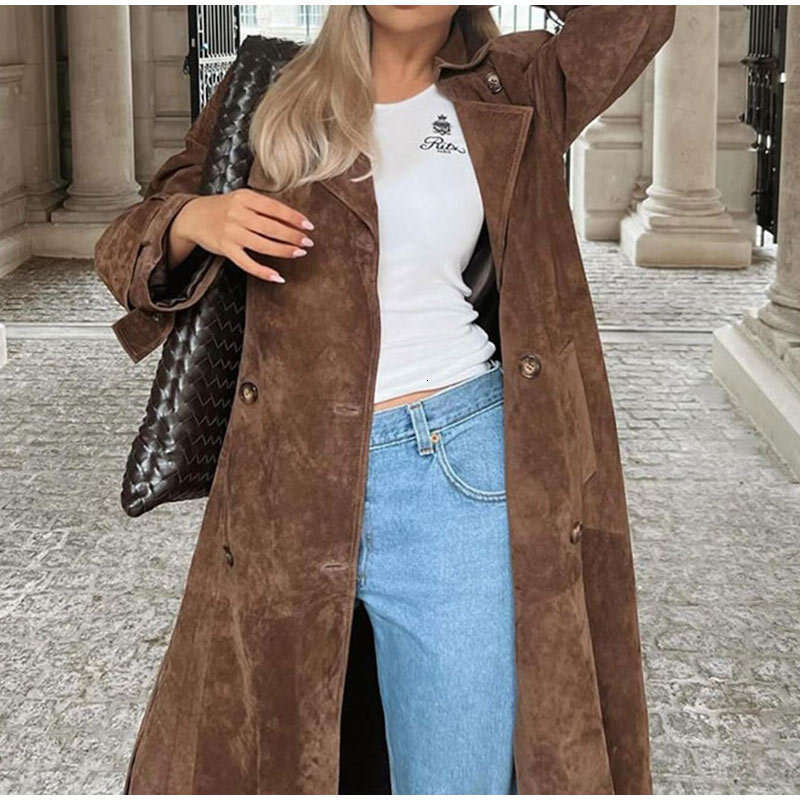 Tie up waist long coat, European American fashionable women's autumn and winter temperament elegant double breasted New Year's casual versat