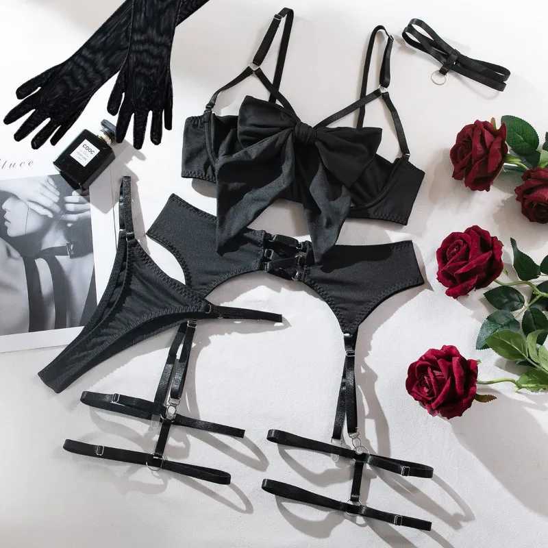 Sexy Lingerie Set Black Temptation Underwear Garter Bra Belt Glove Set Hollowed Out 5Pcs Set Club Sex Suits R250520